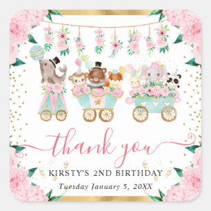 Sticker Carré Aquarelle Rose Circus Animaux Floral Anniversaire