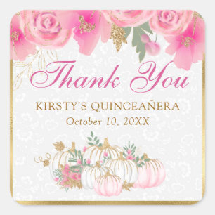 Sticker Carré Aquarelle rose Citrouille Fleurs or Quinceanera