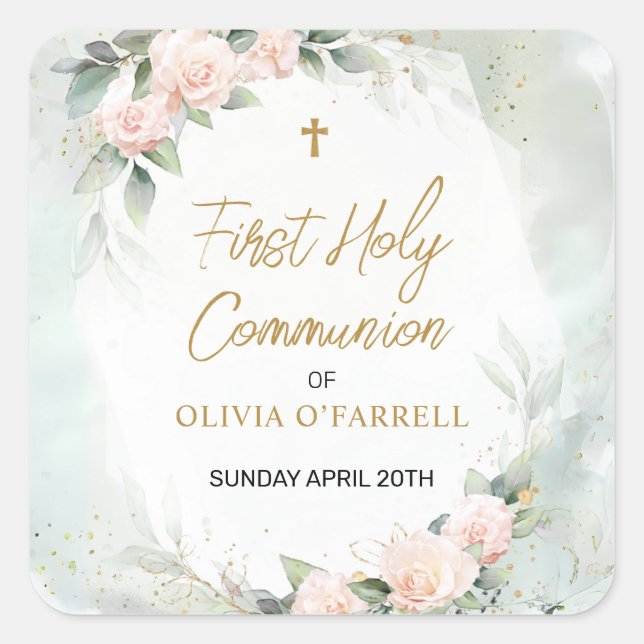 Sticker Carré Aquarelle rose douce Fleurs Première Communion sai (Devant)