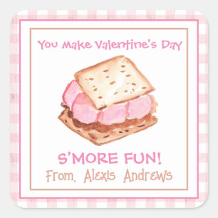 Sticker Carré Aquarelle rose En vichy S'mores Saint-Valentin