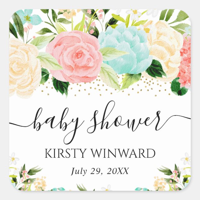 Sticker Carré Aquarelle rose et Baby shower de fleurs de menthe (Devant)