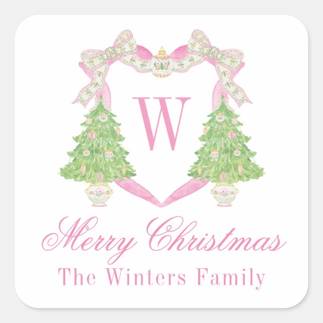 Sticker Carré Aquarelle rose et vert Noël Monogramme Crest (Devant)