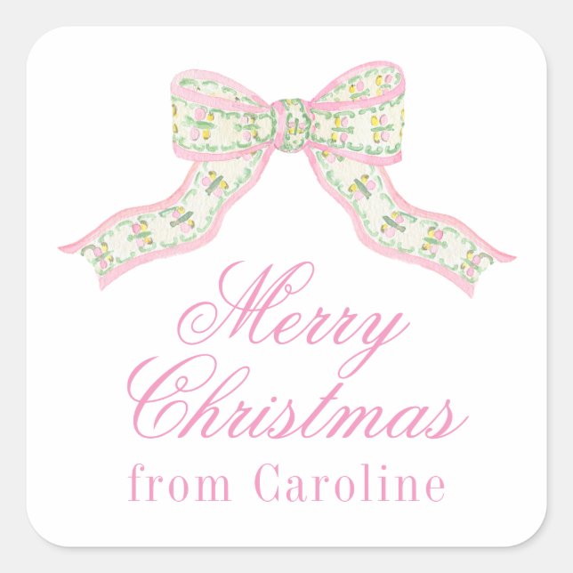 Sticker Carré Aquarelle rose et vert Papillon noir Noël (Devant)