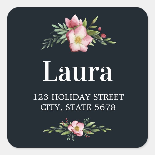 Sticker Carré Aquarelle rose fleurit en hiver | Adresse noire (Devant)