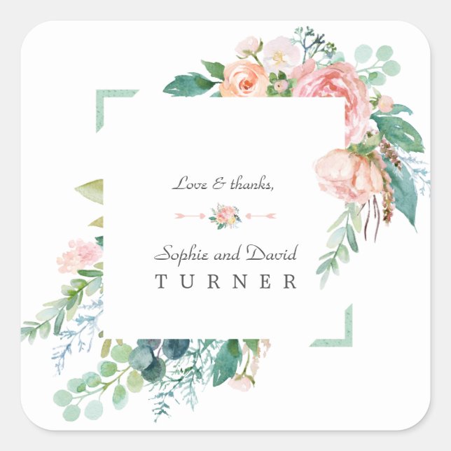 Sticker Carré Aquarelle rose Fleurs blanches Mariage cadre vert (Devant)