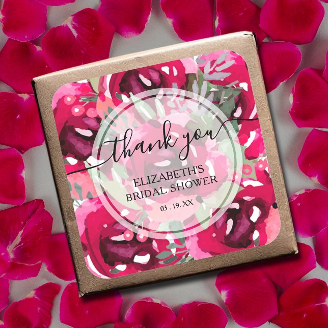Sticker Carré Aquarelle rose Fleurs Merci (Watercolor hot pink flowers thank you bridal shower square  stickers)