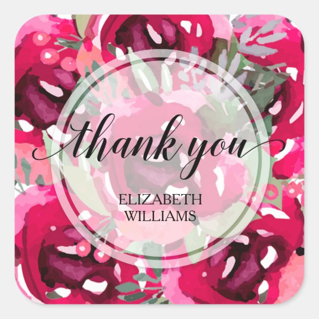 Sticker Carré Aquarelle rose Fleurs Merci (Devant)