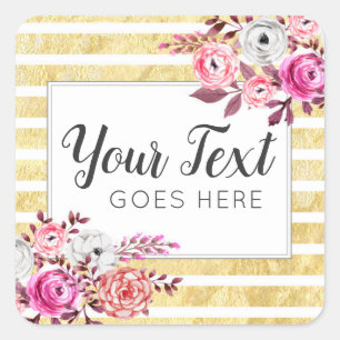 Sticker Carré Aquarelle rose Floral & Or Glam
