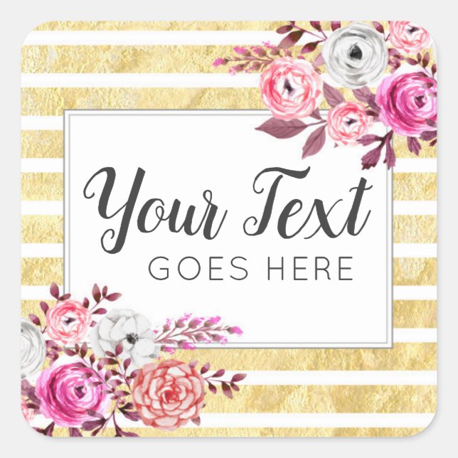 Sticker Carré Aquarelle rose Floral & Or Glam (Devant)