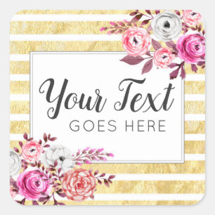 Sticker Carré Aquarelle rose Floral & Or Glam