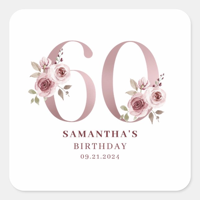 Sticker Carré Aquarelle rose florale 60e anniversaire (Devant)