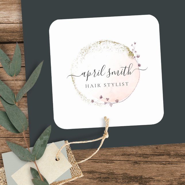 Sticker Carré Aquarelle rose pâle Or Cercle Floral (Créateur téléchargé)