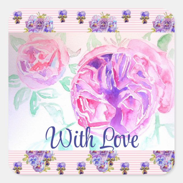 Sticker Carré Aquarelle rose rose Lilac Rose avec amour (Devant)
