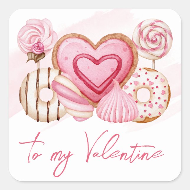 Sticker Carré Aquarelle rose Saint-Valentin Cookies et sucreries (Devant)
