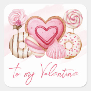 Sticker Carré Aquarelle rose Saint-Valentin Cookies et sucreries