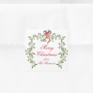 Sticker Carré Aquarelle Rouge Bow Mistletoe cadeau de Noël