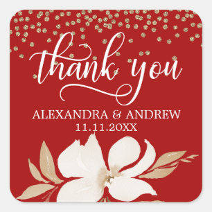 Sticker Carré Aquarelle rouge or Mariage Floral Merci