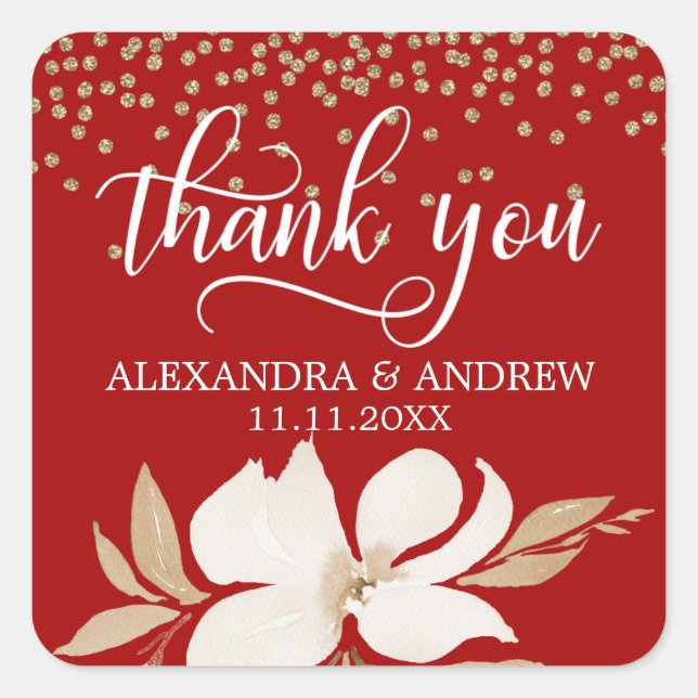Sticker Carré Aquarelle rouge or Mariage Floral Merci (Devant)
