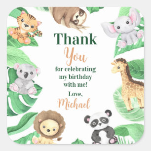 Sticker Carré Aquarelle Safari Animaux de la Jungle Anniversaire