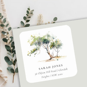 Sticker Carré Aquarelle simple minimale Adresse de l'arbre botan
