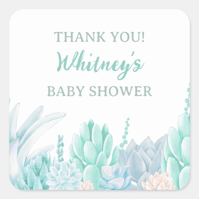 Sticker Carré Aquarelle Succulente Bébé Garçon Douche Merci (Devant)