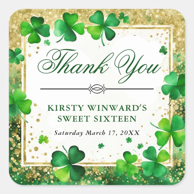 Sticker Carré Aquarelle Sweet sixteen Shamrock vert et or (Devant)