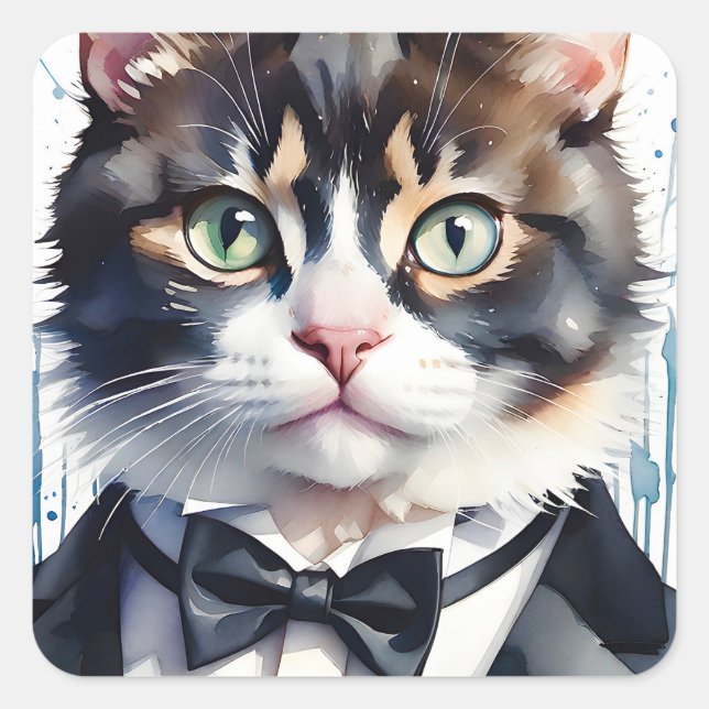 Sticker Carré Aquarelle Tabby Cat dans une Cravate Tuxedo et Bla (Devant)