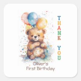 Sticker Carré Aquarelle Teddy Bear 1er anniversaire Merci