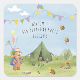 Sticker Carré Aquarelle Teddy Bear, Aventure anniversaire
