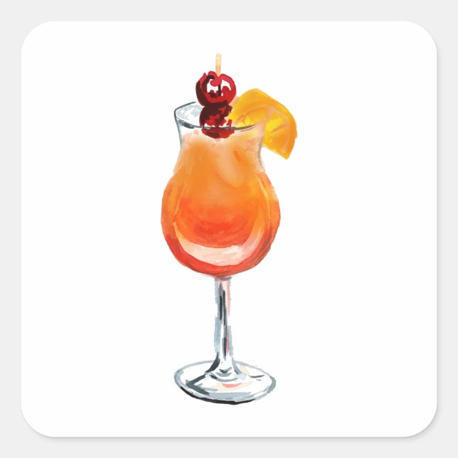 Sticker Carré Aquarelle Tequila Sunrise Cocktail (Devant)