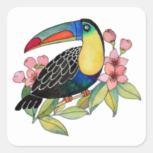 Sticker Carré Aquarelle Toucan Bird Avec Fleurs