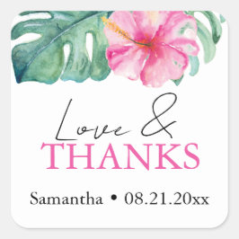 Sticker Carré Aquarelle tropicale Thème Hibiscus rose