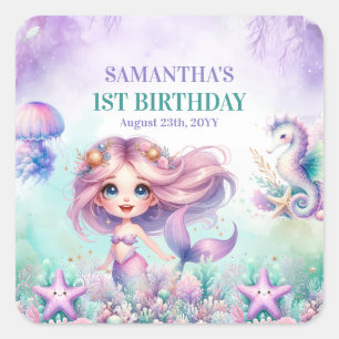 Sticker Carré Aquarelle turquoise violet sirène 1er anniversaire