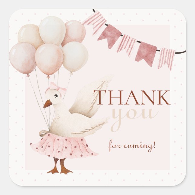 Sticker Carré Aquarelle Une oie soie rose 1er anniversaire (Devant)