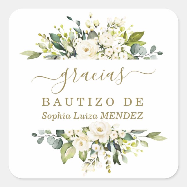 Sticker Carré Aquarelle unique Fleurs blanches espagnol Bautizo (Devant)