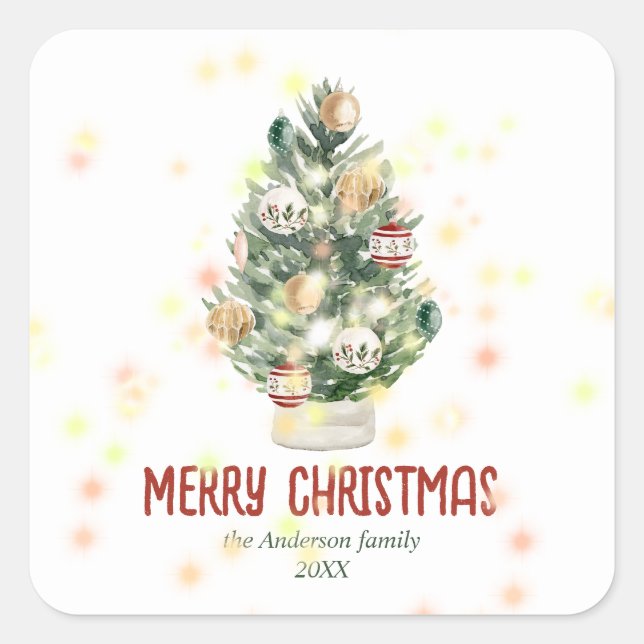Sticker Carré Aquarelle Vert Ornements Arbre Joyeux Noël (Devant)