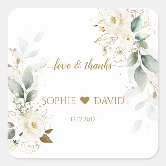 Sticker Carré Aquarelle verte Blanc Floral Mariage or (Devant)