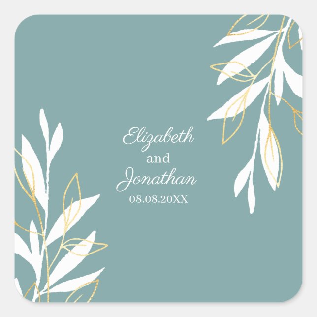 Sticker Carré Aquarelle verte dorée Mariage floral (Devant)
