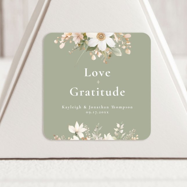 Sticker Carré Aquarelle verte moderne Sage Mariage Floral (Créateur téléchargé)