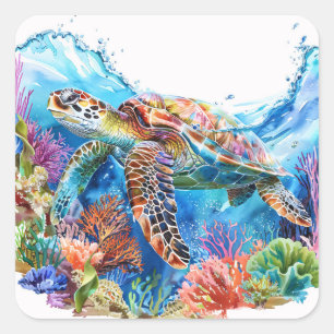 Sticker Carré Aquarelle Vibrante Tortue marine