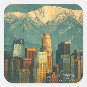 Sticker Carré Aquarelle vintage de Los Angeles   Rétro Californi