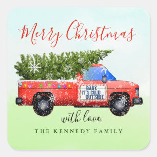 Sticker Carré Aquarelle vintage Rouge Camion de Noël Nom de fam
