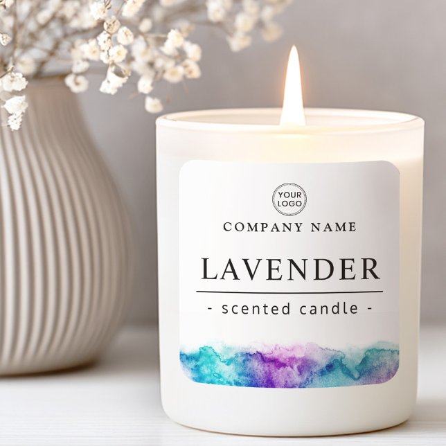 Sticker Carré Aquarelle violet aqua couleur logo personnalisé pr (Purple aqua watercolor custom logo product label)