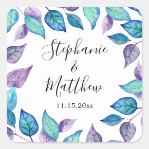 Sticker Carré Aquarelle violet turquoise Mariage Feuille peint