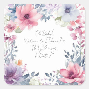 Sticker Carré Aquarelle Whimsical Baby shower Floral Oh Baby