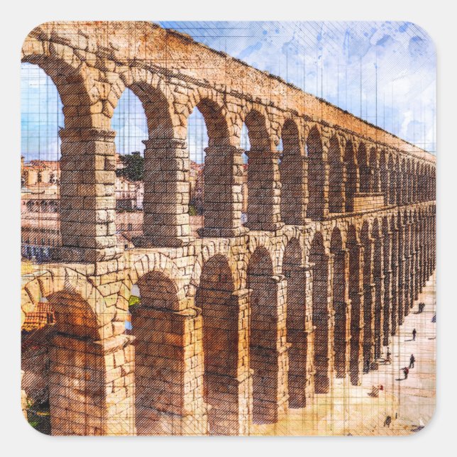 Sticker Carré Aqueduc romain, Ségovie. Espagne. (Devant)