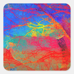 Sticker Carré Arbre Abstrait en rouge et bleu