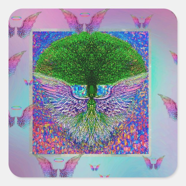 Sticker Carré Arbre arc-en-ciel avec ailes d'ange (Devant)