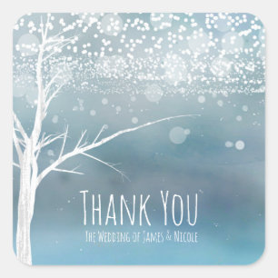 Sticker Carré Arbre Blanc Hiver Bleu Élégant Cadeau de Mariage