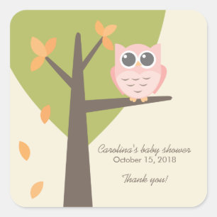 Sticker Carré Arbre Branche Chouette rose Automne Baby shower Me